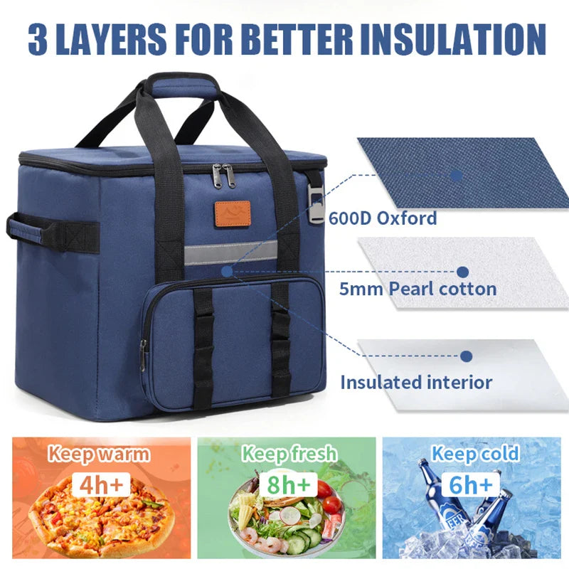 40L Thermal Food Carrier Bag – Large Insulated Cooler Tote with Zipper, Portable Leakproof Picnic Bag for Camping and Beach