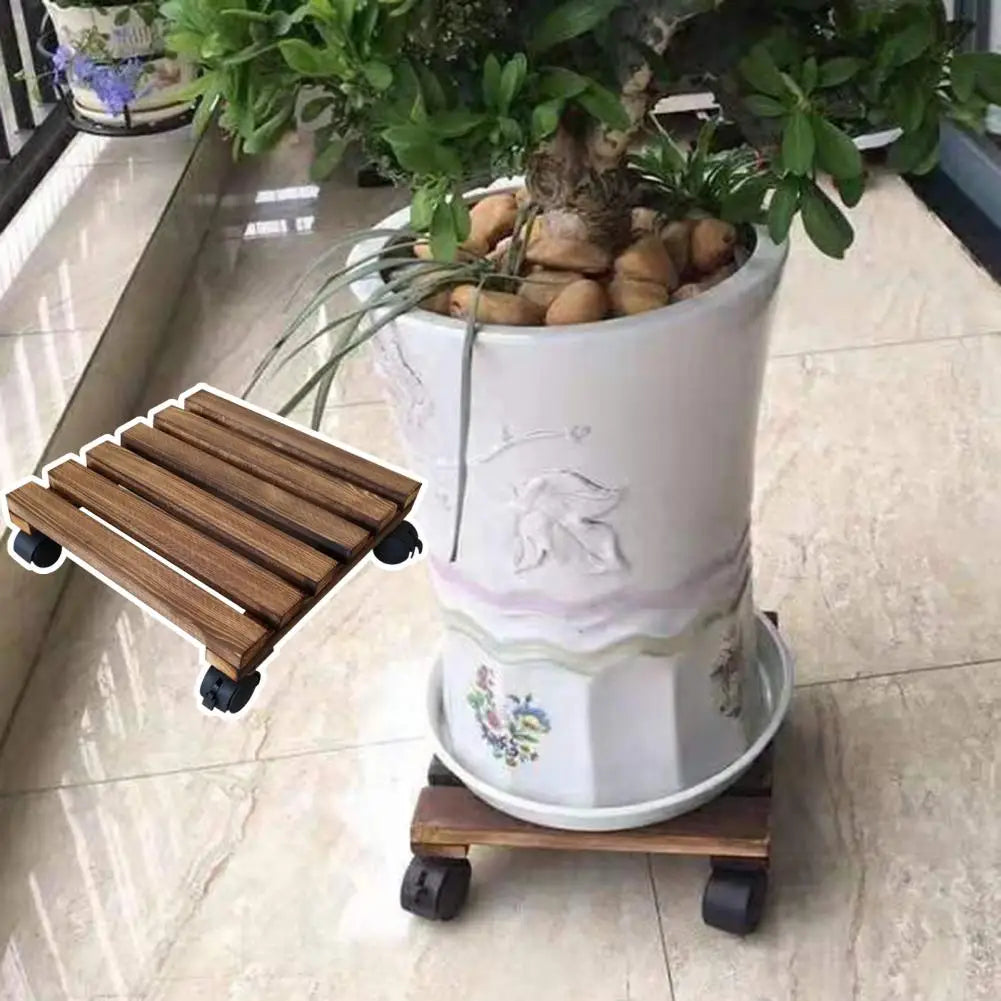 Wooden Rolling Plant Stand - Thick Flower Pot Holder with Universal Wheels for Bonsai & Indoor Garden Decor