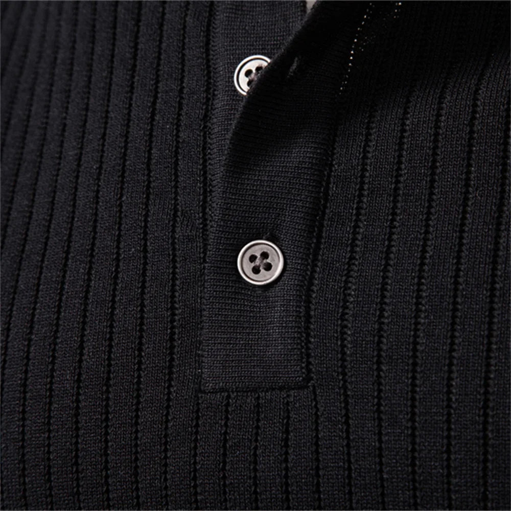 Men's Ribbed Stripe Polo Shirt - Long Sleeve Button Placket Premium Business Casual Top