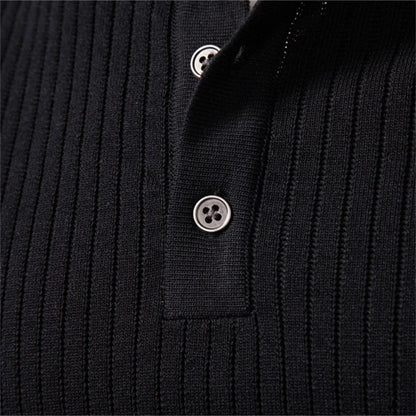 Men's Ribbed Stripe Polo Shirt - Long Sleeve Button Placket Premium Business Casual Top