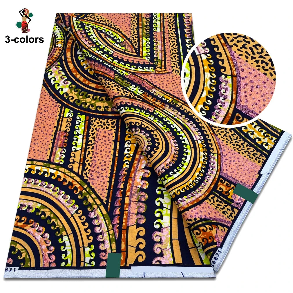 African Glitter Glam Wax Fabric - 100% Cotton Golden Ankara Print 6 Yards