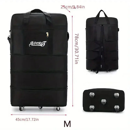 Foldable Trolley Travel Bag with Wheels – Expandable Black Luggage for Men & Women, Ideal for Weekend Trips & Overnight Travel