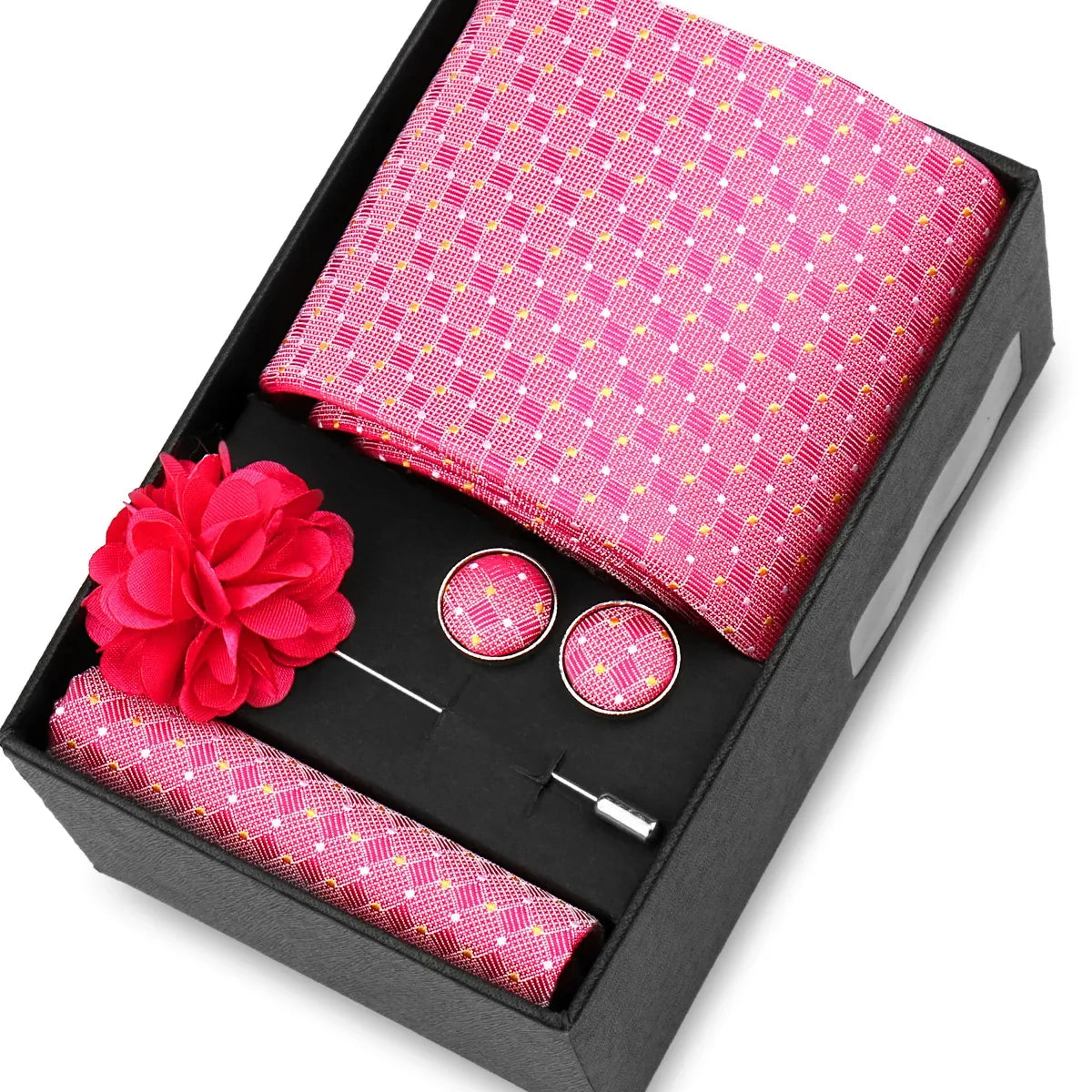 Elegant Men’s Necktie Gift Set - Fashion Tie with Handkerchief, Cufflinks & Brooch Pin Accessories for Business & Wedding