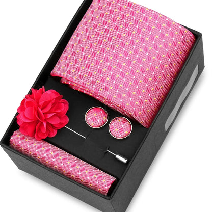 Elegant Men’s Necktie Gift Set - Fashion Tie with Handkerchief, Cufflinks & Brooch Pin Accessories for Business & Wedding