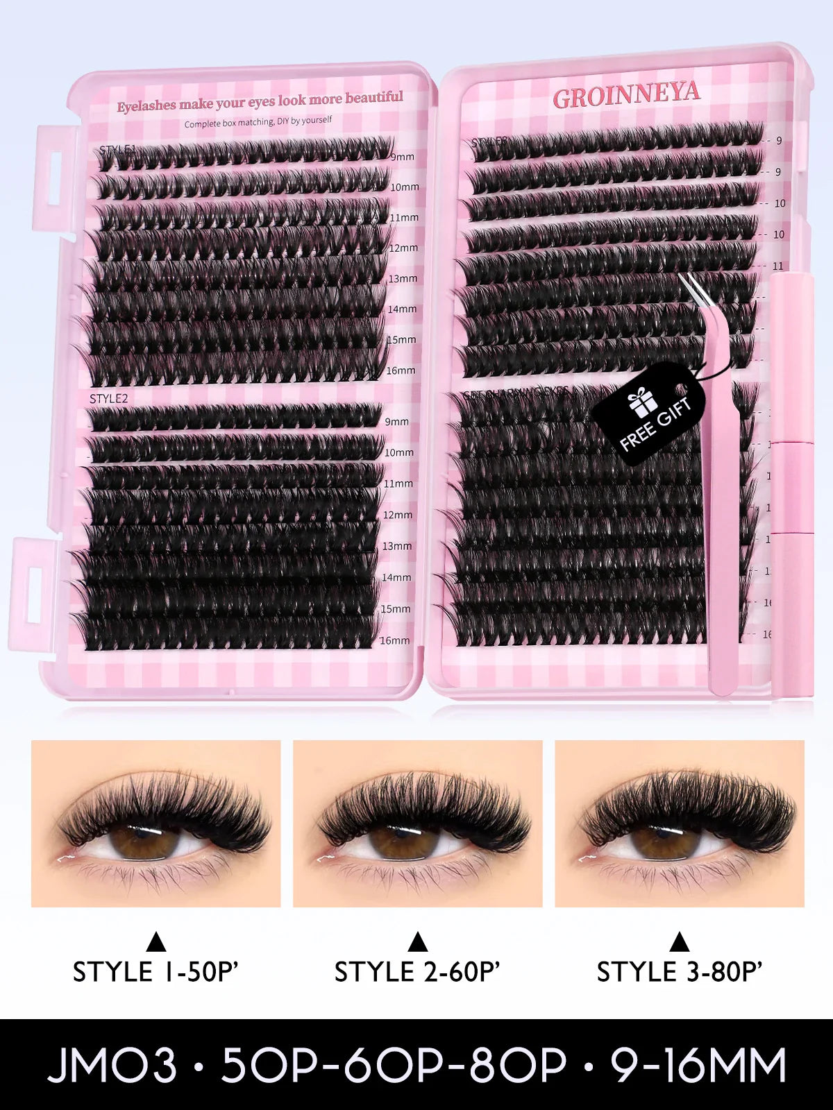 GROINNEYA Cat Lash Clusters Kit – 640pcs with Lash Bond & Seal, DIY Eyelash Extensions for Home Use