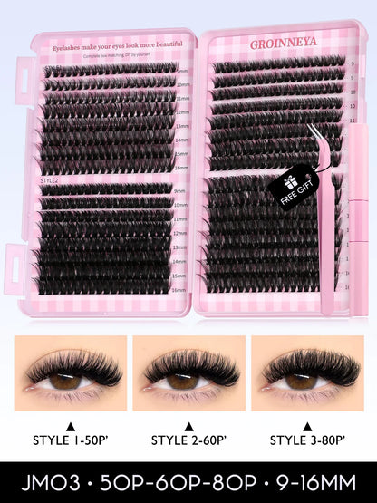 GROINNEYA Cat Lash Clusters Kit – 640pcs with Lash Bond & Seal, DIY Eyelash Extensions for Home Use