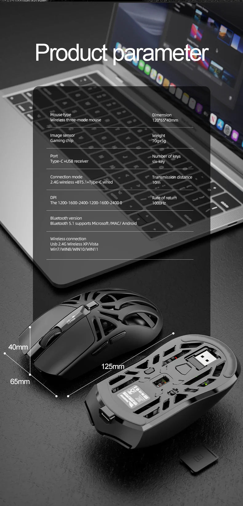 SmailWolf RS8 Wireless Gaming Mouse – Bluetooth & 2.4G, Lightweight E-Sports Mouse, 10,000 DPI, Triple Mode