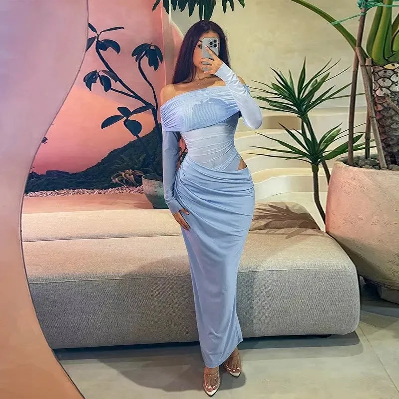 Tuularose Sexy Mesh Hollow Long Dress - One Shoulder Long Sleeve Patchwork Resort Gown for Summer Party & Evening Wear
