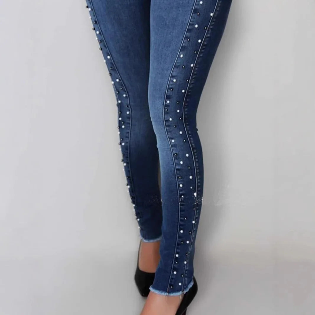 Women’s High Waist Slimming Jeans - Hip Lifting Stretch Pencil Denim Pants with Diamond Bead Fashion Detail