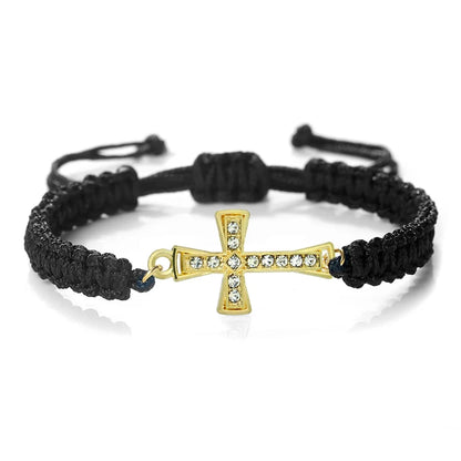 Crystal Cross Pendant Bracelet - Red & Black Braided Prayer Rope Jewelry Gift for Men & Women