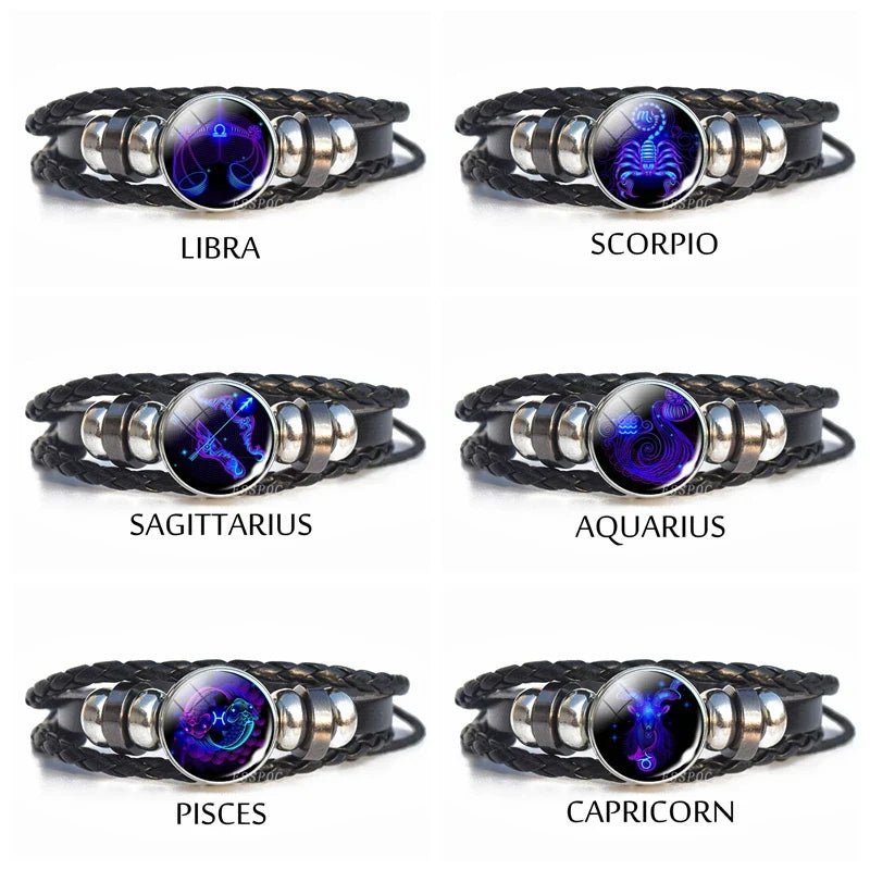 Men’s Zodiac Sign Leather Bracelet | 12 Constellation Black Braided Wrap | Punk Style Multilayer Bracelet for Birthday Gifts