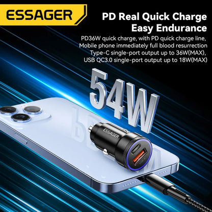Essager 54W USB Car Charger – 5A Fast Charging Adapter with QC 3.0, SCP & AFC 30W Type-C Dual Port Quick Charger for iPhone, Samsung, Huawei, Xiaomi & Poco Devices