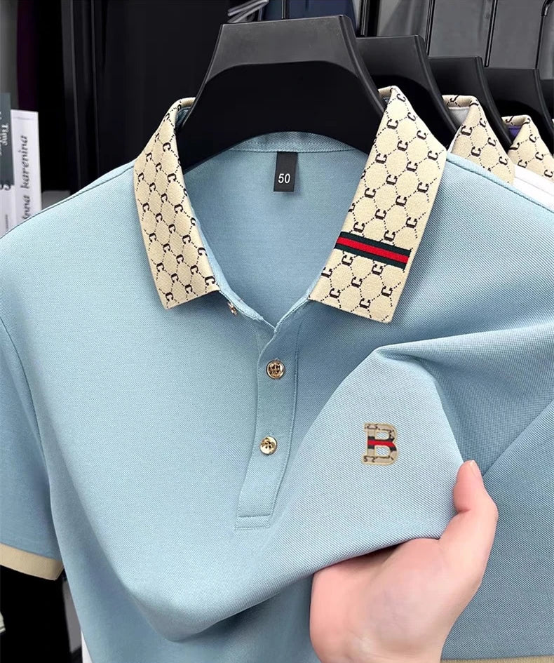 Men's Luxury Color Block Polo Shirt - Embossed Letter Short Sleeve Breathable Summer Fashion Top