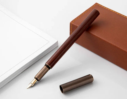 Luxury Retro Wood & Bronze Fountain Pen – 0.5mm Calligraphy Ink Pen for Office, Business & Gift Stationery