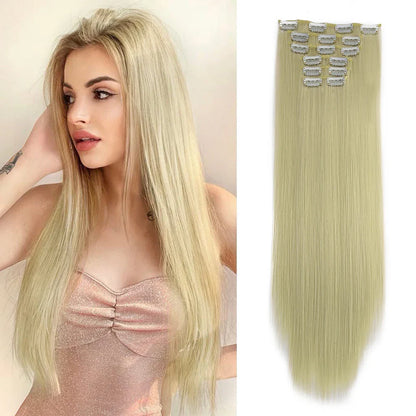 Black Hair Extensions: 24"/60cm 140g 6pcs/set Women's Long Straight Synthetic Full Head Clip - 16 Clips, Ombre, Heat-Resistant Fiber
