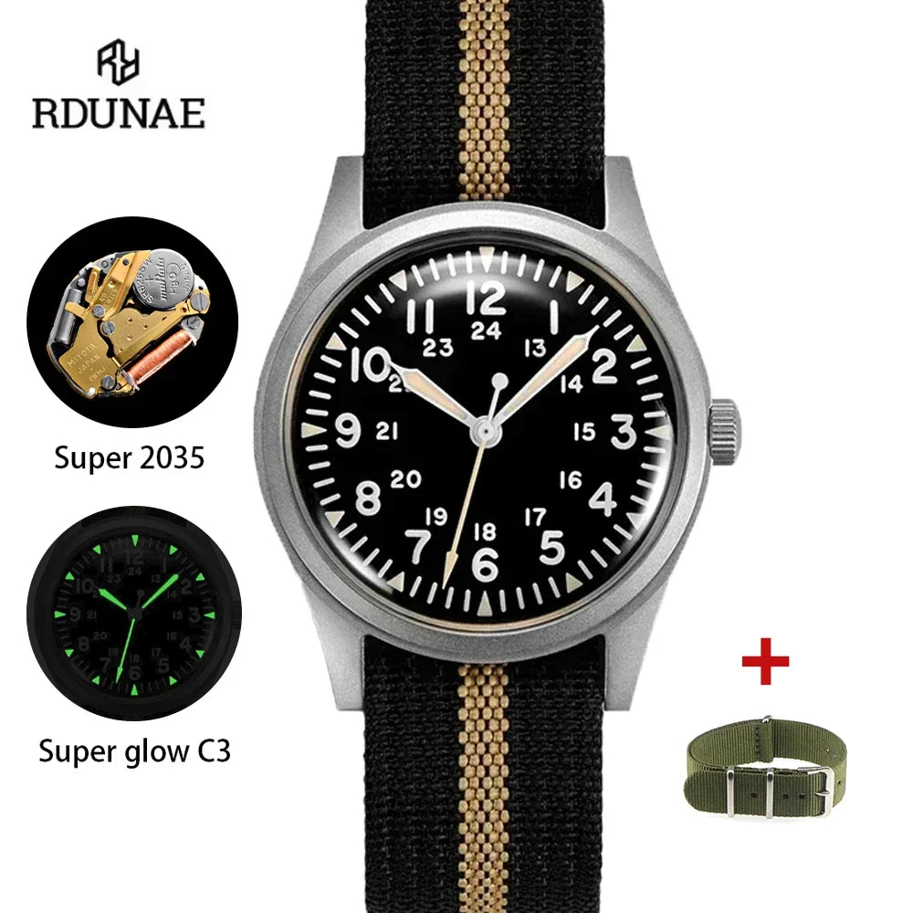 RDUNAE RA03 Military Men’s Watch - 34.5mm Vintage Quartz Wristwatch with Miyota 2035 Movement & Stainless Steel Case