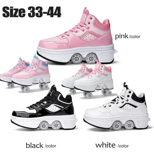 Dual Purpose Roller Skates Shoes - Adjustable Double Row 4-Wheel Deformation Roller Sneakers for Kids & Teens Size 33-44