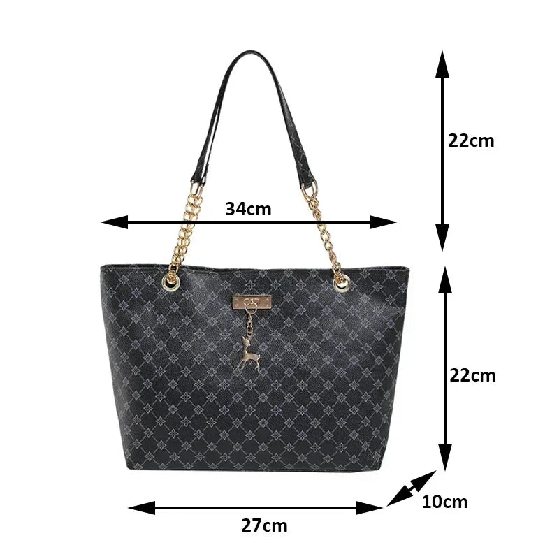 Women’s Large Capacity PU Leather Handbag — Fashion Tote Bag with Textured Design and Hanging Accessories