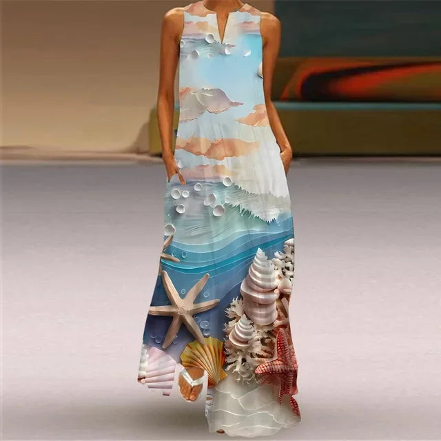 Women’s Retro V-Neck Summer Dress - Sleeveless Printed Maxi Swing Skirt with Loose Comfortable Fit