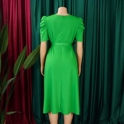Women's Pleated A-Line Dress - Elegant V-Neck Short Sleeve Office & Church Wear