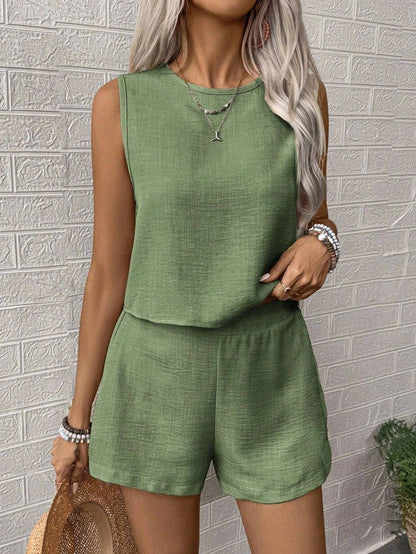 2025 Women’s Casual 2 Piece Set - Solid Color Sleeveless Top & Matching Shorts Fashion Outfit