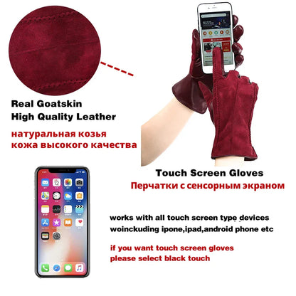 Women’s Winter Touch Gloves – 50% Genuine Leather & 50% Suede, Colorful Warm Leather Gloves