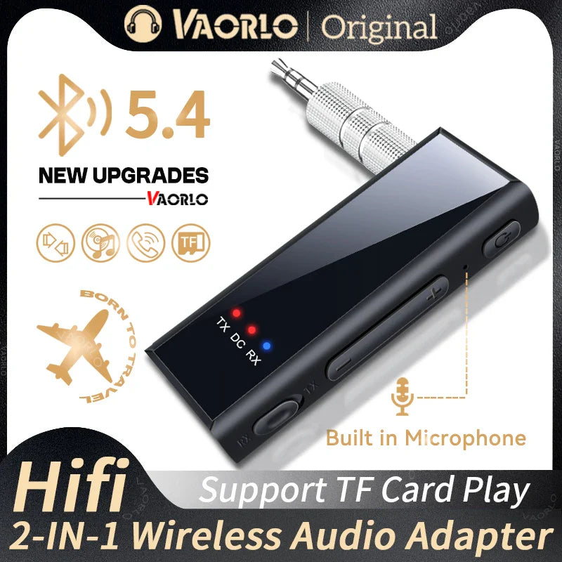 Bluetooth 5.4 Audio Transmitter Receiver – 3.5mm AUX Wireless Adapter with Mic & TF Card Support for Car, TV & PC