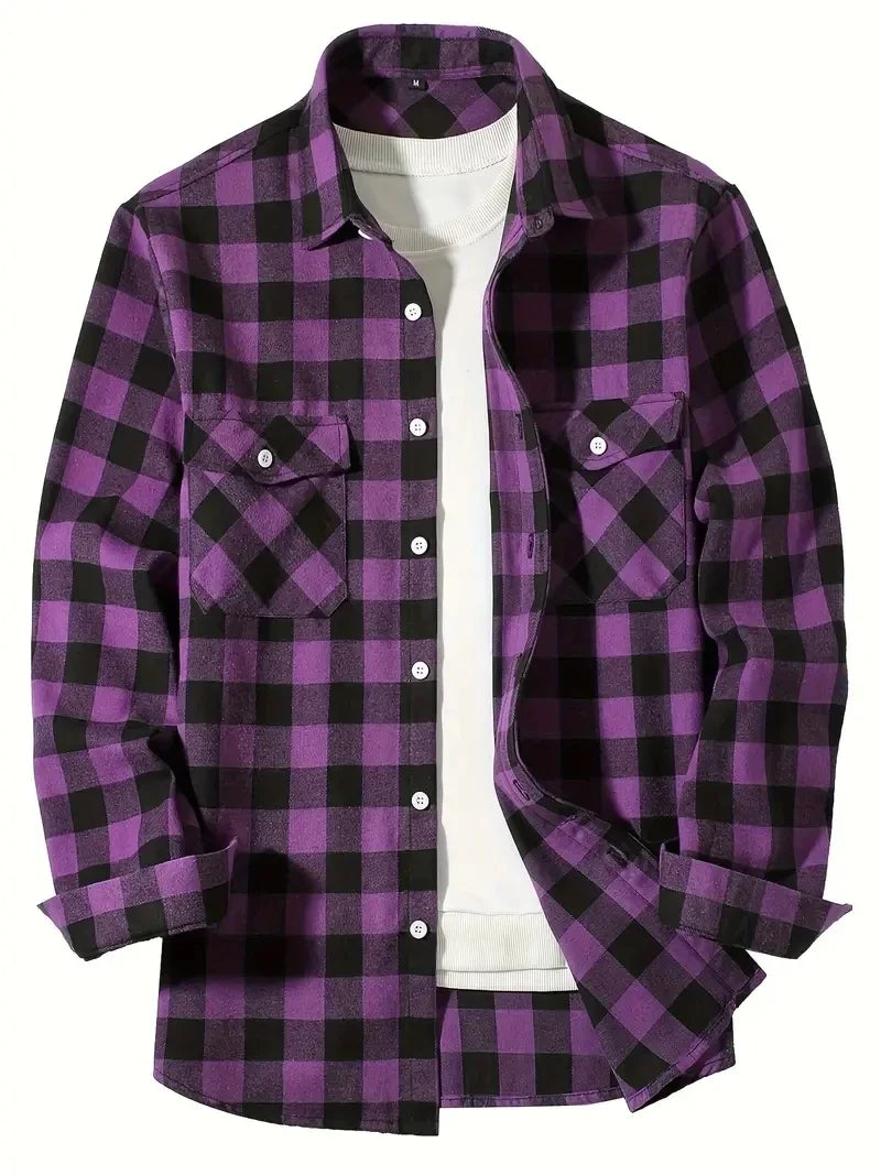 Men’s Brushed Cotton Flannel Shirt - Red Plaid Long Sleeve Business & Casual No-Iron Top