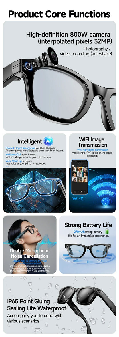 LIGE Smart Glasses — AI Camera Sunglasses with BT Call, Music, Touch Control, Voice Assistant, Video & Sound Recording, WiFi Transmission