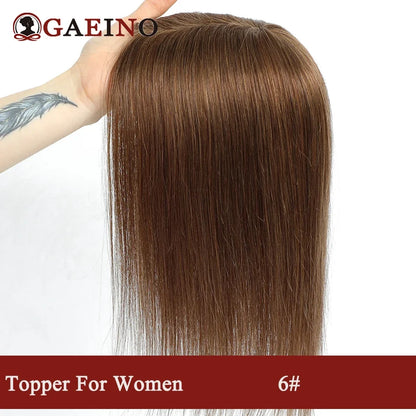 Straight Human Hair Topper With Bangs - Silk Base Clip In Real Hair Extension For Women Chocolate Brown Light Brown