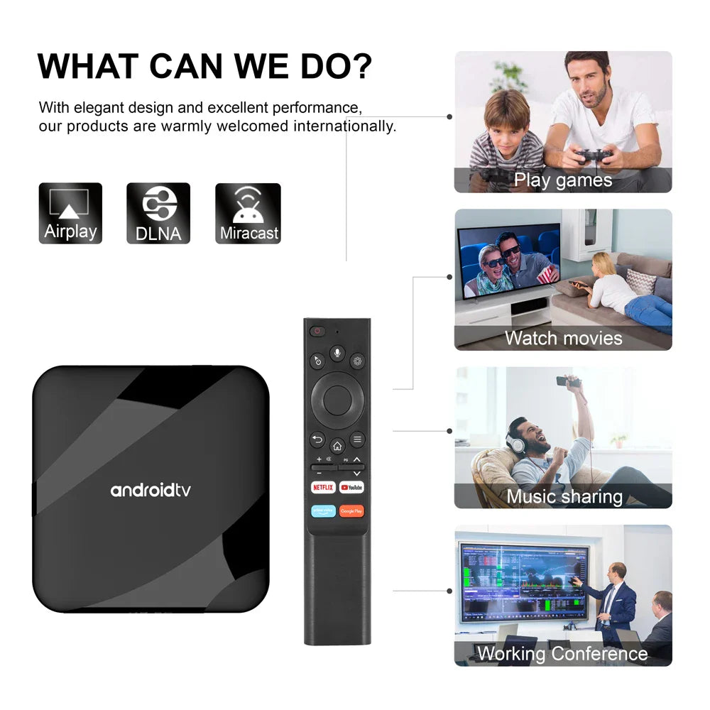 Android 14 TV Box 8K 4K Set Top — Bluetooth 5.2, 4GB RAM, 64GB Storage, S905W2 Quad Core, Dual WiFi, Voice Remote Media Player