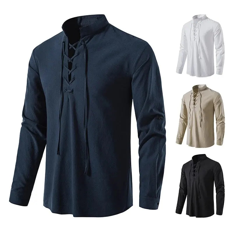 Men’s Cotton Linen Long Sleeve Shirt - Vintage Casual Drawstring Neck Shirt for Spring & Autumn