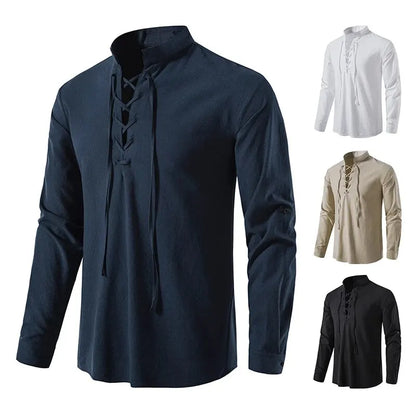 Men’s Cotton Linen Long Sleeve Shirt - Vintage Casual Drawstring Neck Shirt for Spring & Autumn
