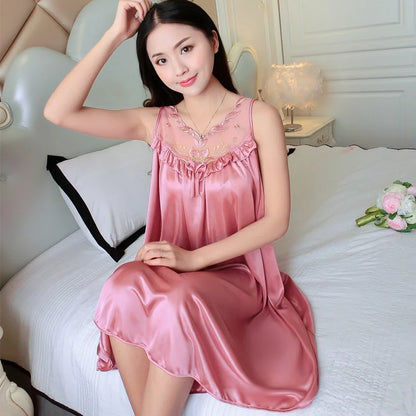 Midnite Star Women’s Ice Silk Sleepwear Set – V-Neck Lace Nightdress Pyjamas, Homewear Nightgown, Plus Size