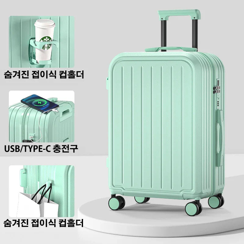 Large Capacity Trolley Suitcase – 20/22/24/26/28" Travel Luggage with Cup Holder for Business & Leisure