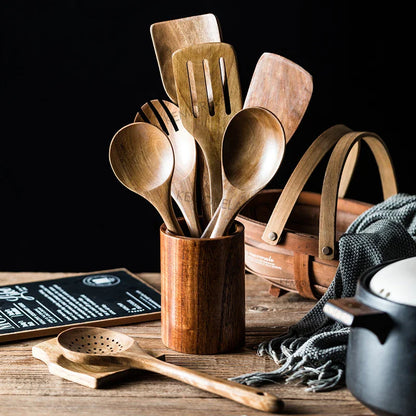 9PCS Teak Wooden Cooking Spoons Set – Kitchen Utensils with Holder