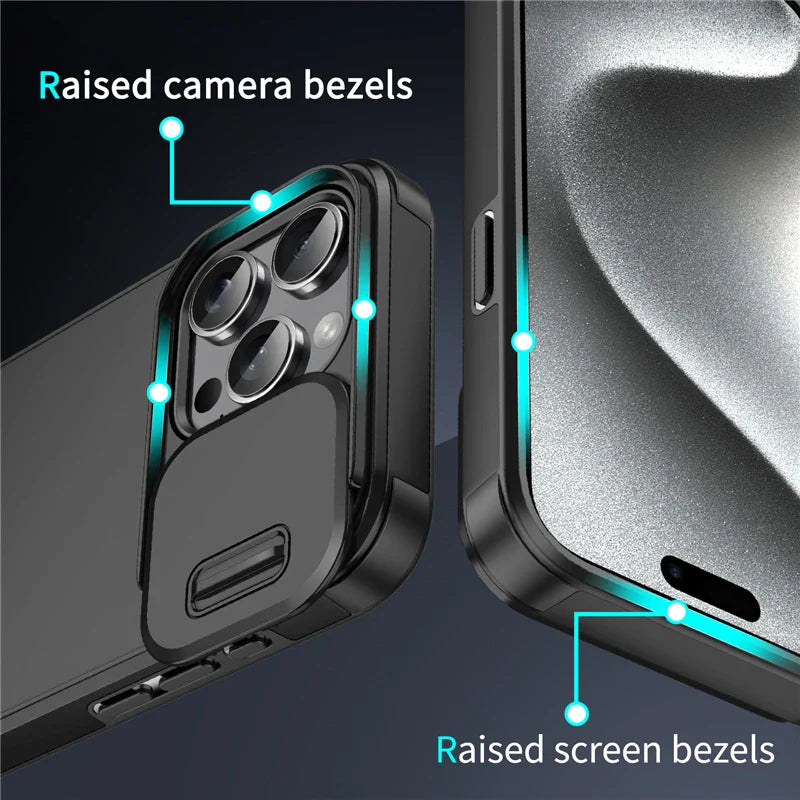 Slide Camera Protector — Shockproof Armor Matte iPhone Case (Fits 11/12/13/14/15/16/17 • Pro/Max/Plus/16e/17 Air)