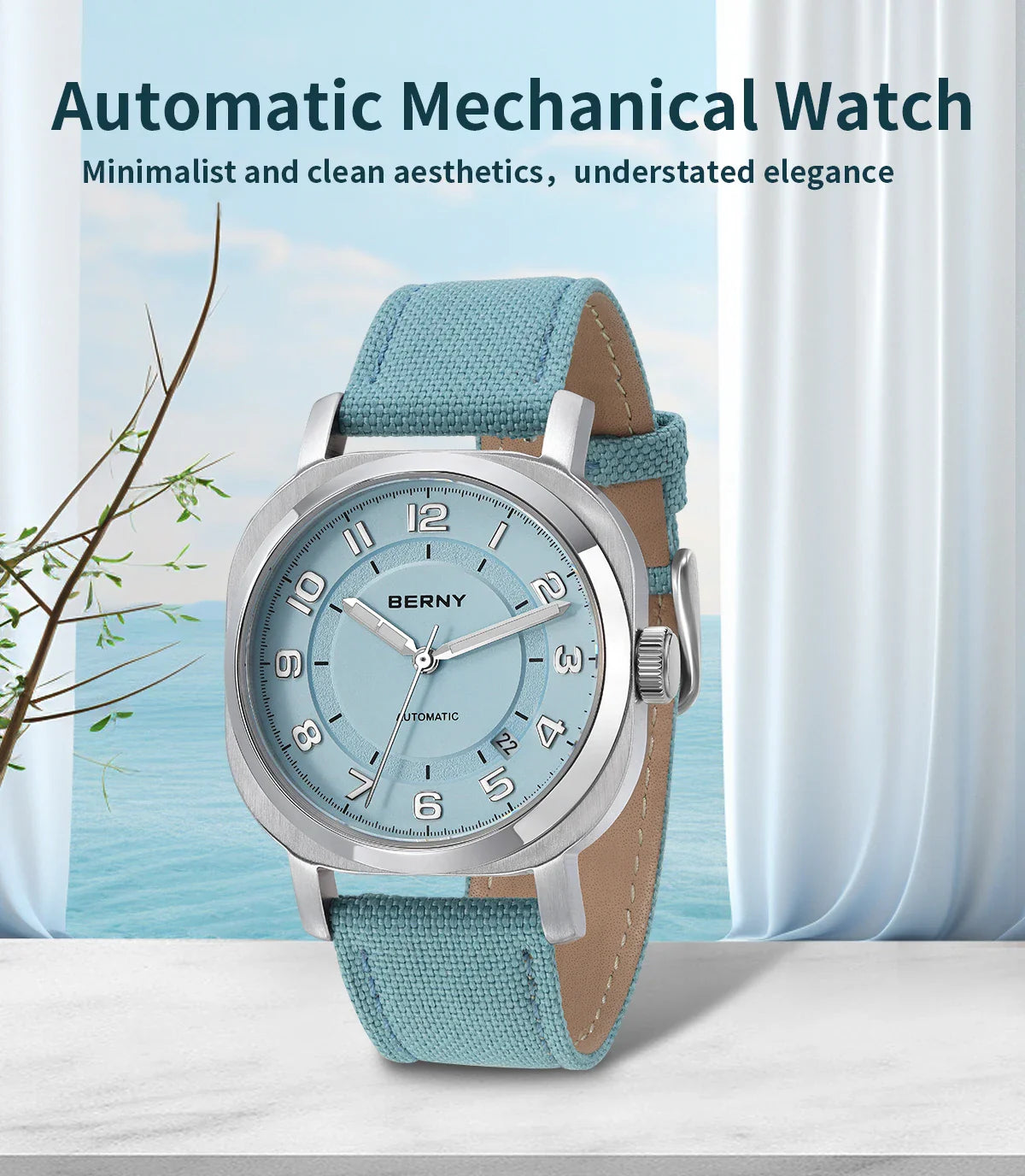 BERNY Women’s Mechanical Watch — Self-Wind Pillow Cushion Design with Sapphire Crystal, Super Luminous Display, Canvas Strap, and Calendar Function