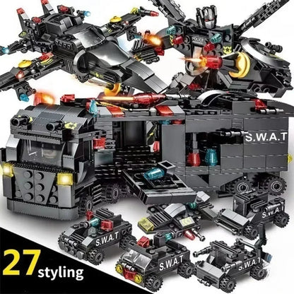 8-in-1 SWAT Police Command Truck Building Blocks - City Helicopter Brick Kit & Educational Toy for Kids