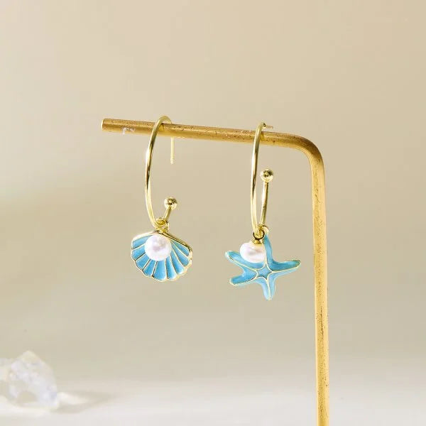 Ocean Style Asymmetric Earrings - Starfish Shell Pearl Zircon Stud Jewelry Gift for Women