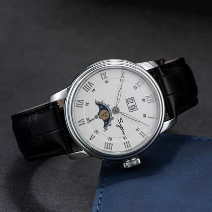 Sugess Moonphase Men’s Automatic Mechanical Watch — 40MM Stainless Steel with Seagull ST2528 Movement and Blue Sandstone Dial