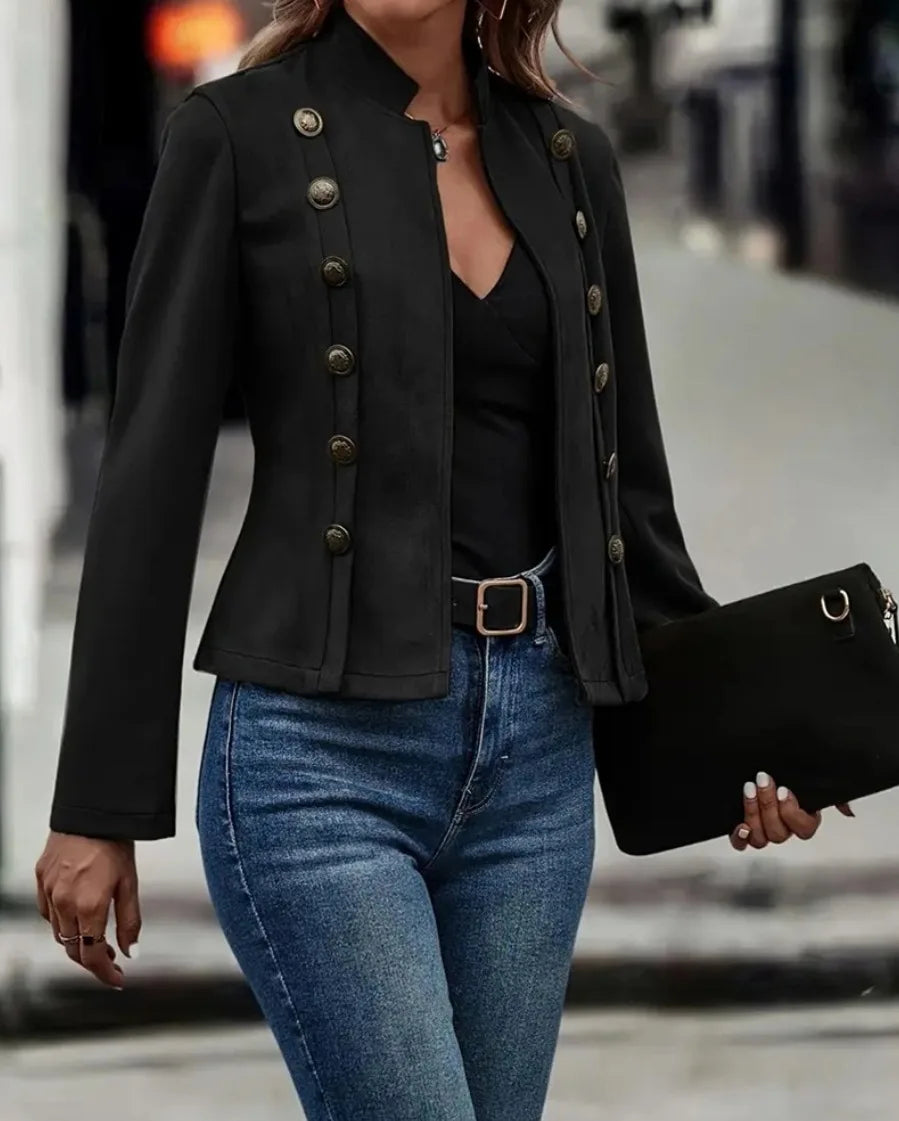 Women's Double-Breasted Blazer Coat – Stand Collar, Slim Fit, Long Sleeves Retro Jacket for Spring & Autumn