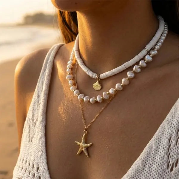 Bohemian Shell Layered Necklace - Vintage Starfish & Turtle Blue Beaded Beach Jewelry for Women