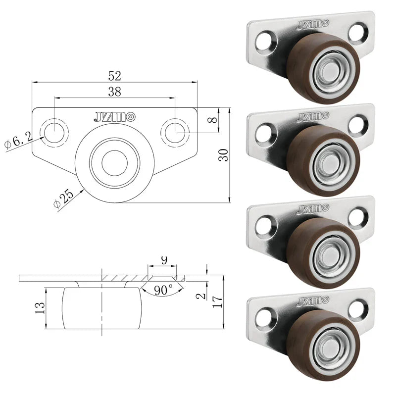 4Pcs Silent Rubber Casters | Low Profile Drawer Wheels for Furniture, Kitchen Cabinets, and Tables - Side Installation Replacement