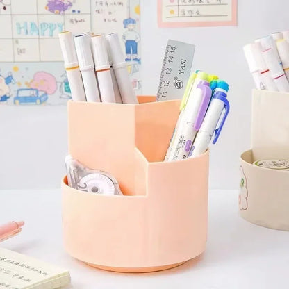Rotating Pen Holder Organizer - 3 Slot Desktop Stationery & Makeup Brush Storage Box for Office and School