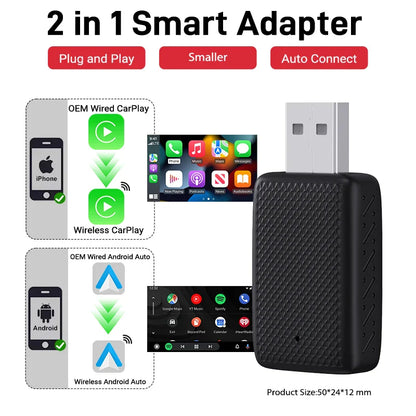 Wired to Wireless CarPlay & Android Auto Adapter – 2-in-1 Smart Box with Auto Connect for Mazda, Audi, Kia, Ford