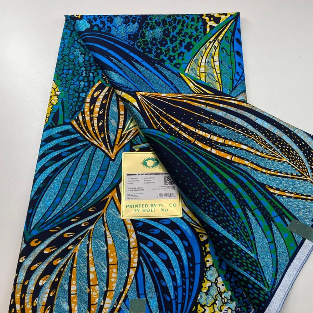 New Grand African Wax Fabric - 6 Yards Cotton Ankara Batik Pagne with Golden Shine Finish for Dresses & Sewing