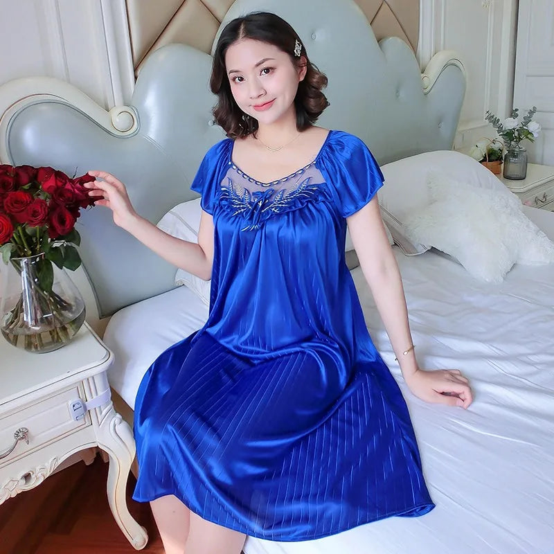 Women’s Ice Silk Nightgown – Medium-Length Short Sleeve Sexy Sleepwear, Loungewear & Home Pyjama for Ladies