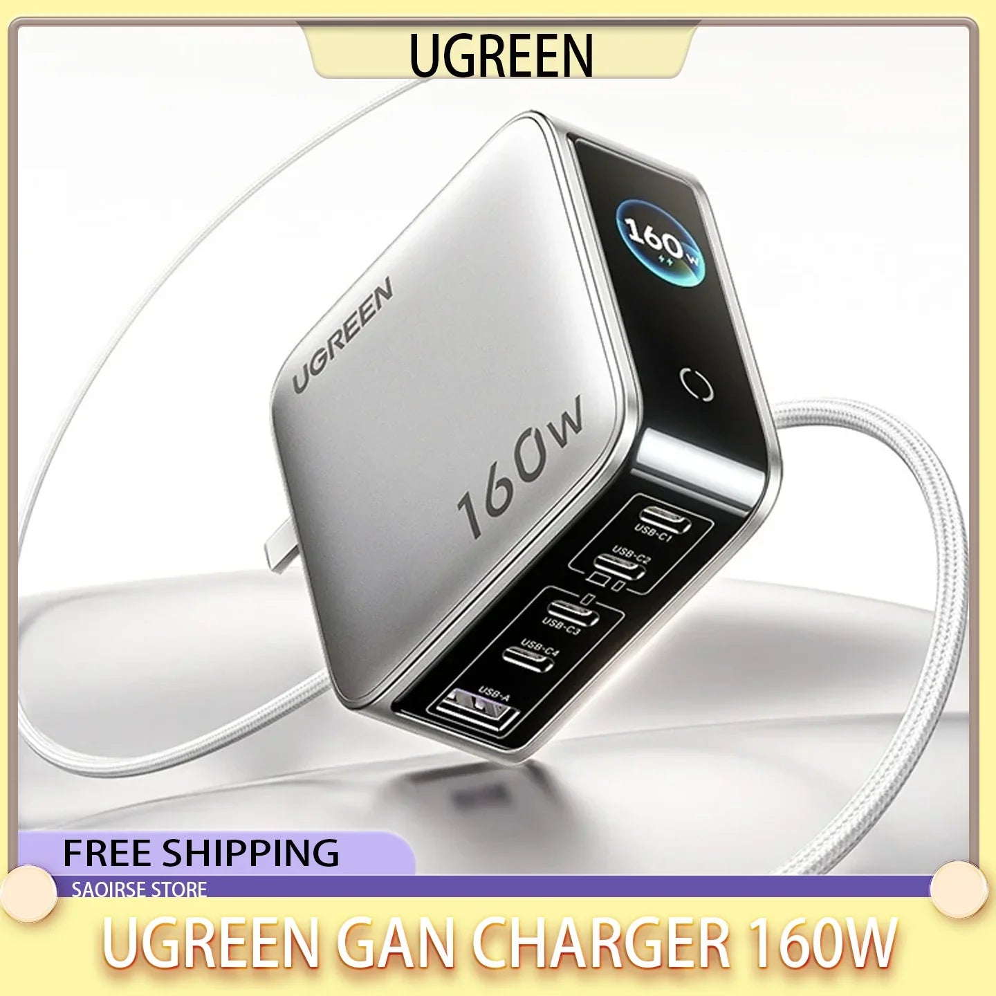 UGREEN GaN 160W Fast Charger - 5 Port USB-C/A PD3.1 Power Adapter with Smart Display for iPhone 17 Tablets & Laptops