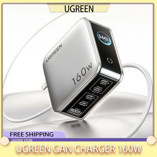 UGREEN GaN 160W Fast Charger - 5 Port USB-C/A PD3.1 Power Adapter with Smart Display for iPhone 17 Tablets & Laptops